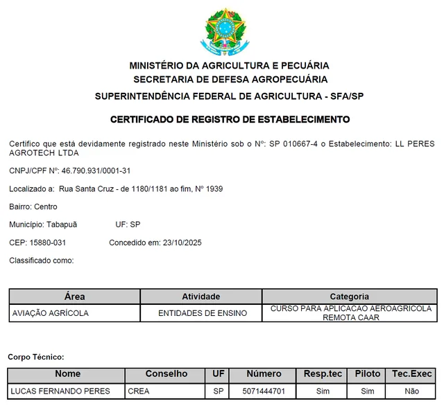 Certificado de registro da entidade de ensino no Ministério da Agricultura